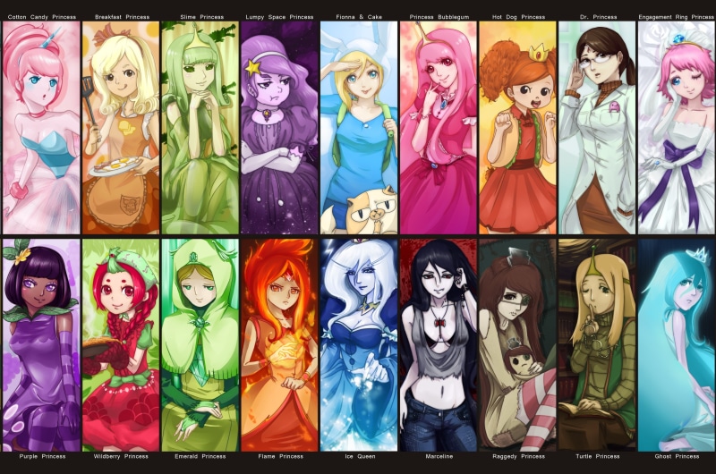 collage, adventure, soft shading, creativity, human representation, variation, transfer print, full frame, Adventure Time, 4K, princess, art and craft