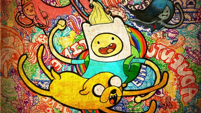 mural, design, Jake the Dog, Finn the Human, decoration, representation, female likeness, creativity, pattern, floral pattern, full frame, human representation