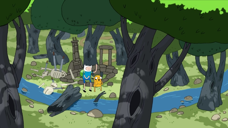no people, leisure activity, day, land, plant, transportation, Adventure Time, chair, representation, Finn the Human, seat, Jake the Dog, landscape, green color