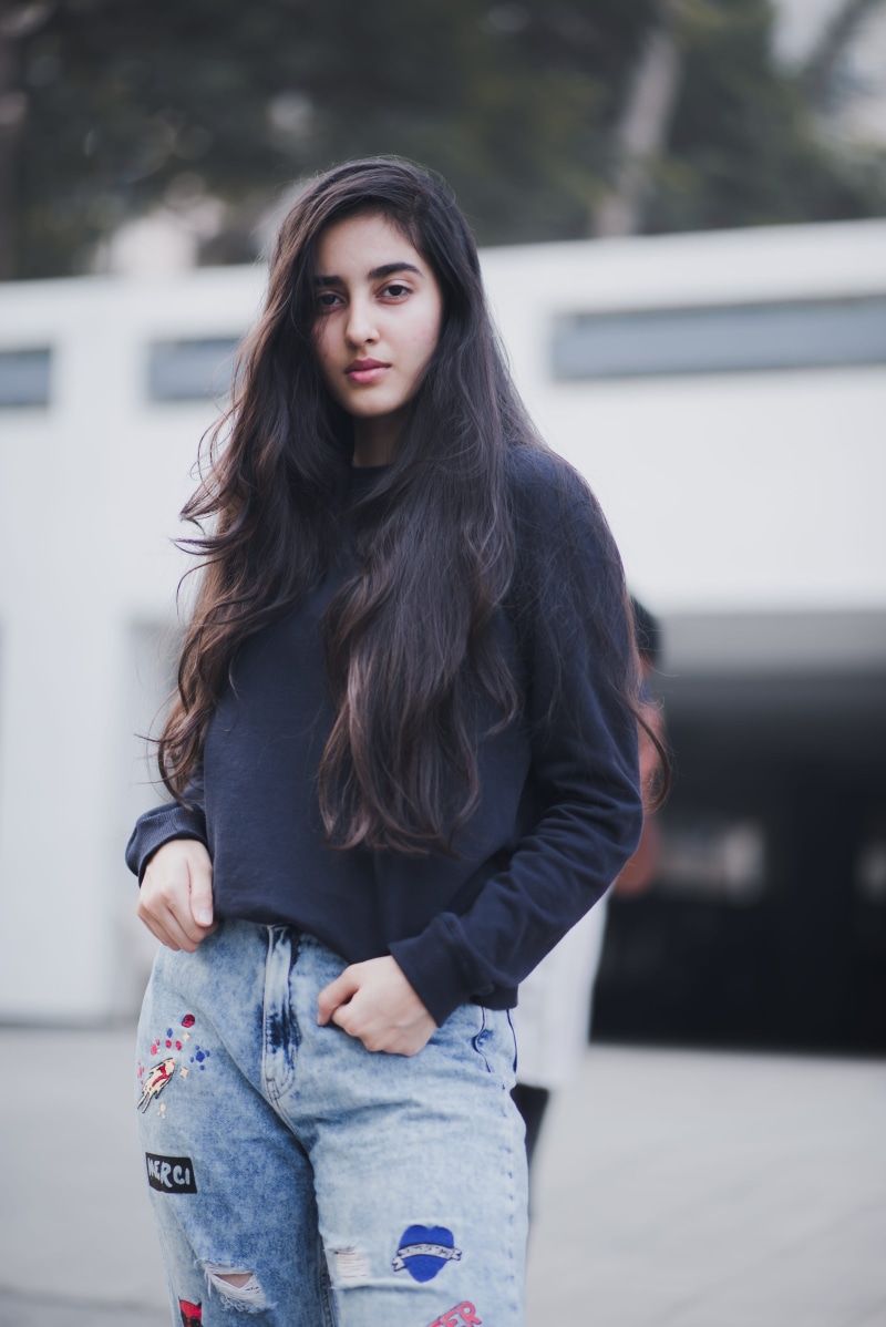 female, lady, hair, india, top, jeans, black, look, young women, three quarter length, jumper, teenager, portrait, looking at camera, street, 5K, outdoors