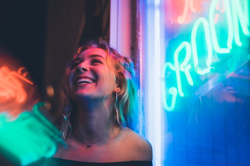 happiness, young adult, portrait, lights, excitement, girl, one person, near, glass, beauty, front view, illuminated, neon, outdoors, 5K, women, positive emotion