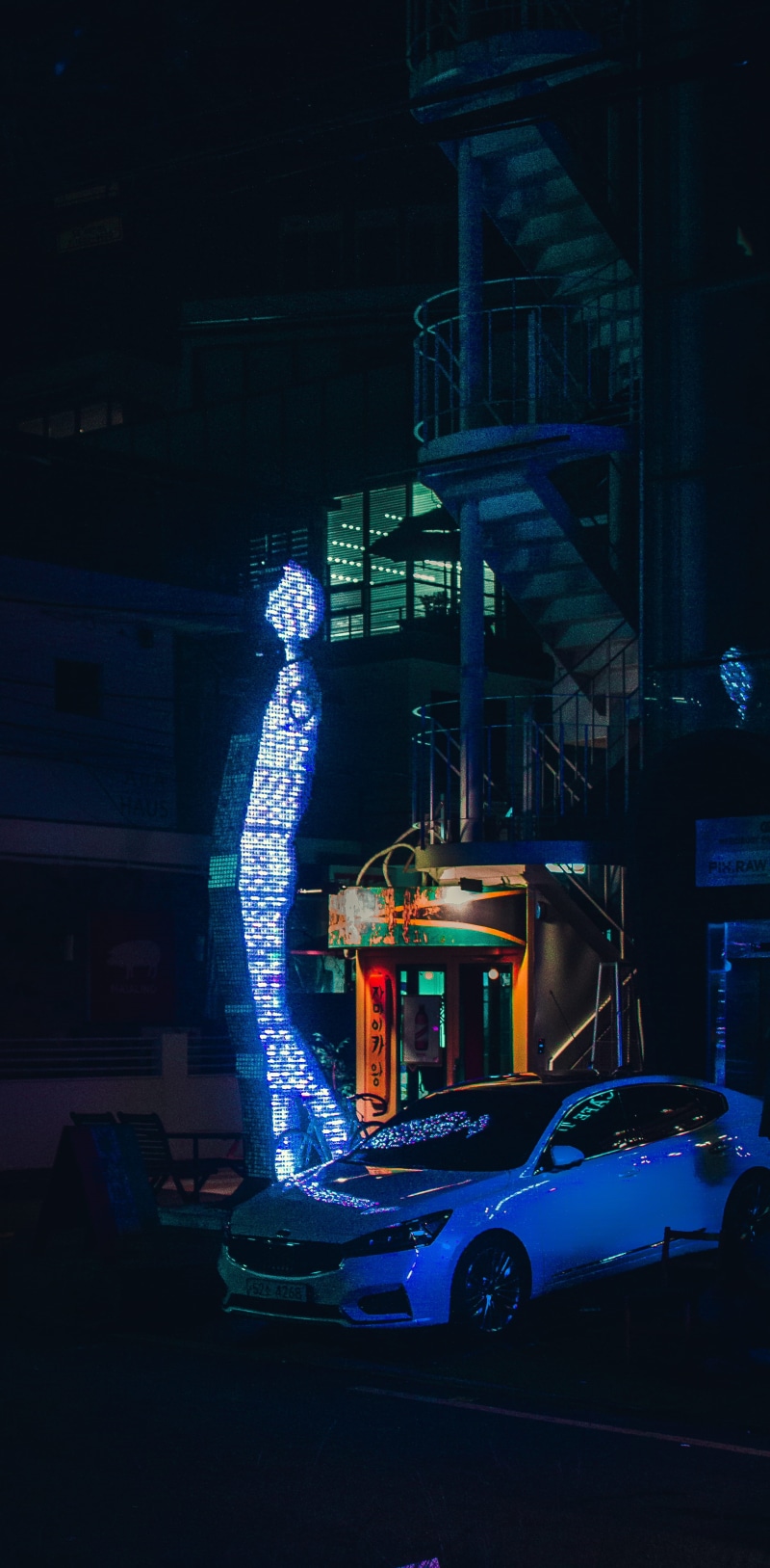 night, light - natural phenomenon, built structure, car, illuminated, art and craft, neon, architecture, transportation, city, motion, korea, south korea