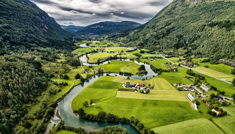 non-urban scene, grass, river, drone images, stryn, drone, architecture, drone photo, cloud - sky, norway, gnr 63 bnr 28, scandic, landscape, oppstryn