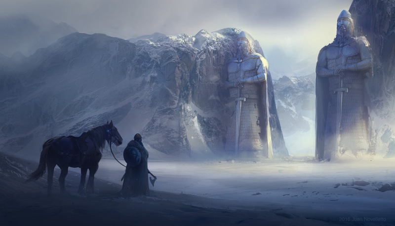 viking door, horse, Juan Novelletto, viking statues, the gates, statues, mountains, 1080P, warrior