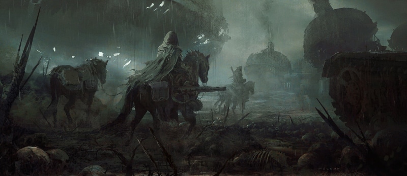 rain, Juan Pablo Roldan, drawing, science fiction, war, fantasy art, concept art, 1080P, skull, apocalyptic, skeleton, machine gun, digital art, futuristic
