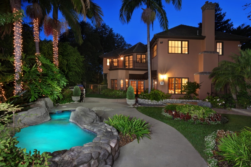 garden, night, lights, CA, house, nature, illuminated, lawn, beds, San Juan Capistrano, tropical climate, building, building exterior, architecture, residential district
