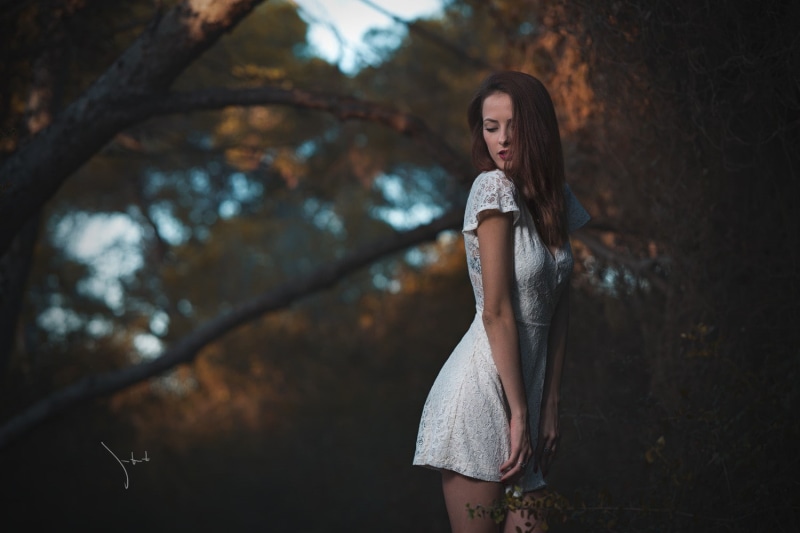 young adult, clothing, brunette, hair, makeup, Juan Renart, dress, adult, beautiful woman, women, hairstyle, beauty, model, looking, standing, depth of field