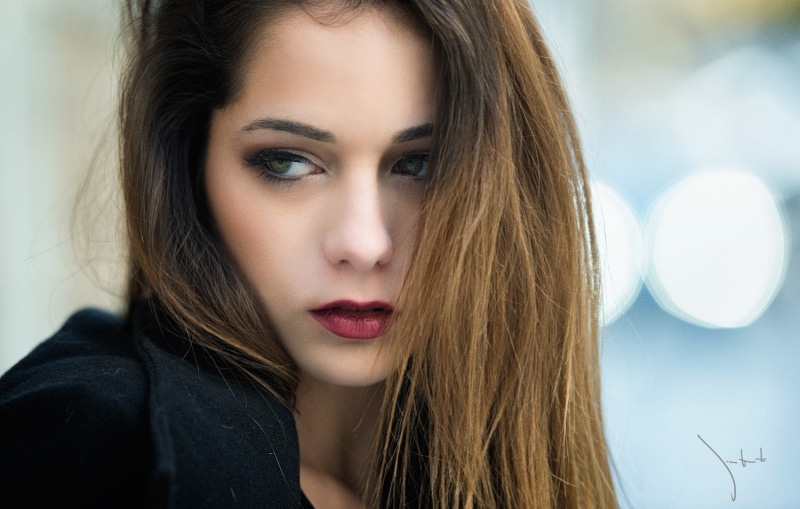 adult, glamour, eyes, lips, human hair, portrait, make-up, contemplation, green eyes, coats, depth of field, young women, makeup, black coat, long hair