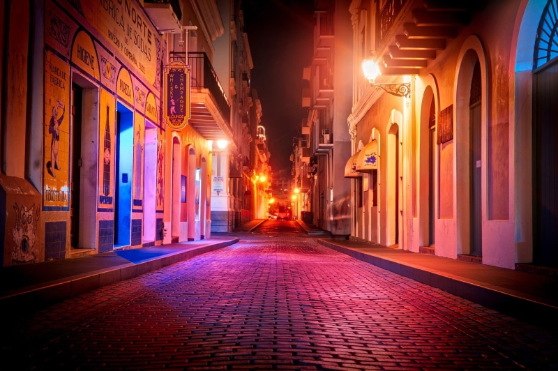 street, San Juan, lights, road, night, Puerto Rico, home, 1080P, the sidewalk