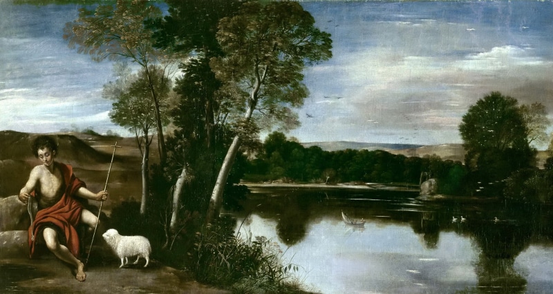 Landscape with Saint John the Baptist, picture, Fra Juan Batista Maino, mythology, 1080P