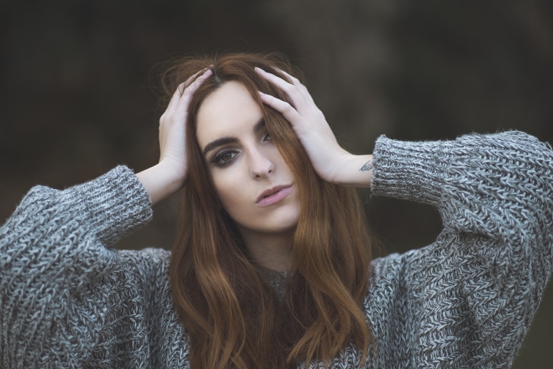 long hair, grey sweater, hands on head, Juan Antonio Leon, women outdoors, model, 500px, 1080P, portrait, women