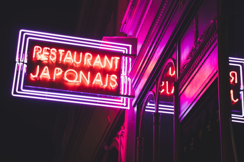 signage, neon light, restaurant japonai, nightlife, french, purple, no people, communication, reflection, western script, commercial sign, typography, france