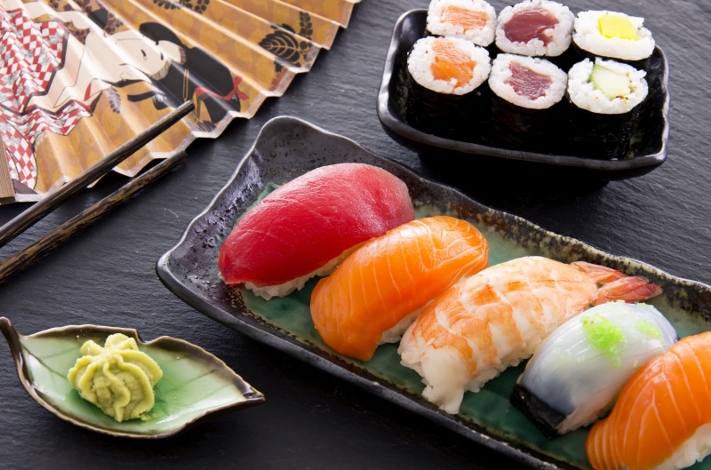 no people, cultures, fish, meal, sashimi, tray, nigiri, gourmet, raw Food, indoors, sushi, ginger, wasabi, restaurant, rolled Up, slice, east Asian Culture