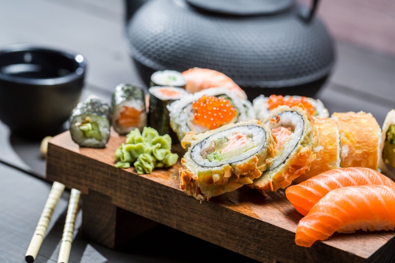 seaweed, serving size, mustard, sushi, freshness, seafood, japanese Culture, appetizer, cucumber, close-up, vegetable, wood - Material, sticks, rice - Food Staple
