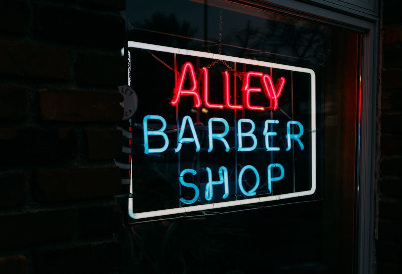 led, michigan, close-up, neon light, text, light, glowing, night, open sign, store, consumerism, brick wall, store sign, barber shop, information, shop