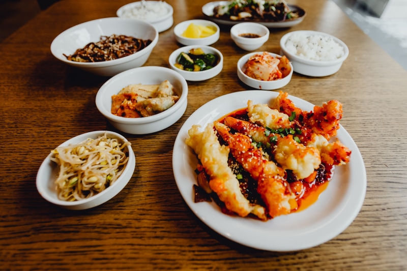 asian food, food and drink, healthy eating, Ssaeu kkanpunggi, choice, dinner, restaurant, best, indoors, wood - material, focus on foreground, korean, plate