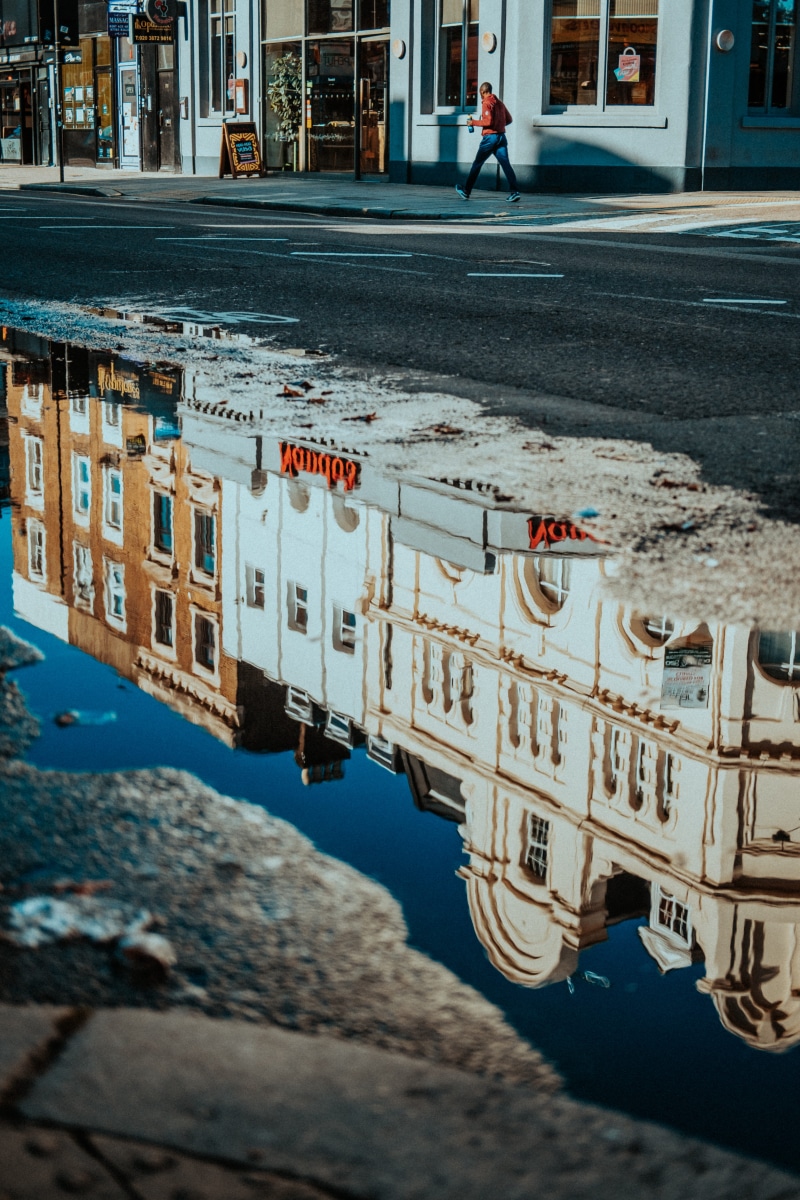 concrete, body, transportation, canal, rain, reflection, architecture, land vehicle, photo, restuarant, water, walking, puddle, urban, building, london
