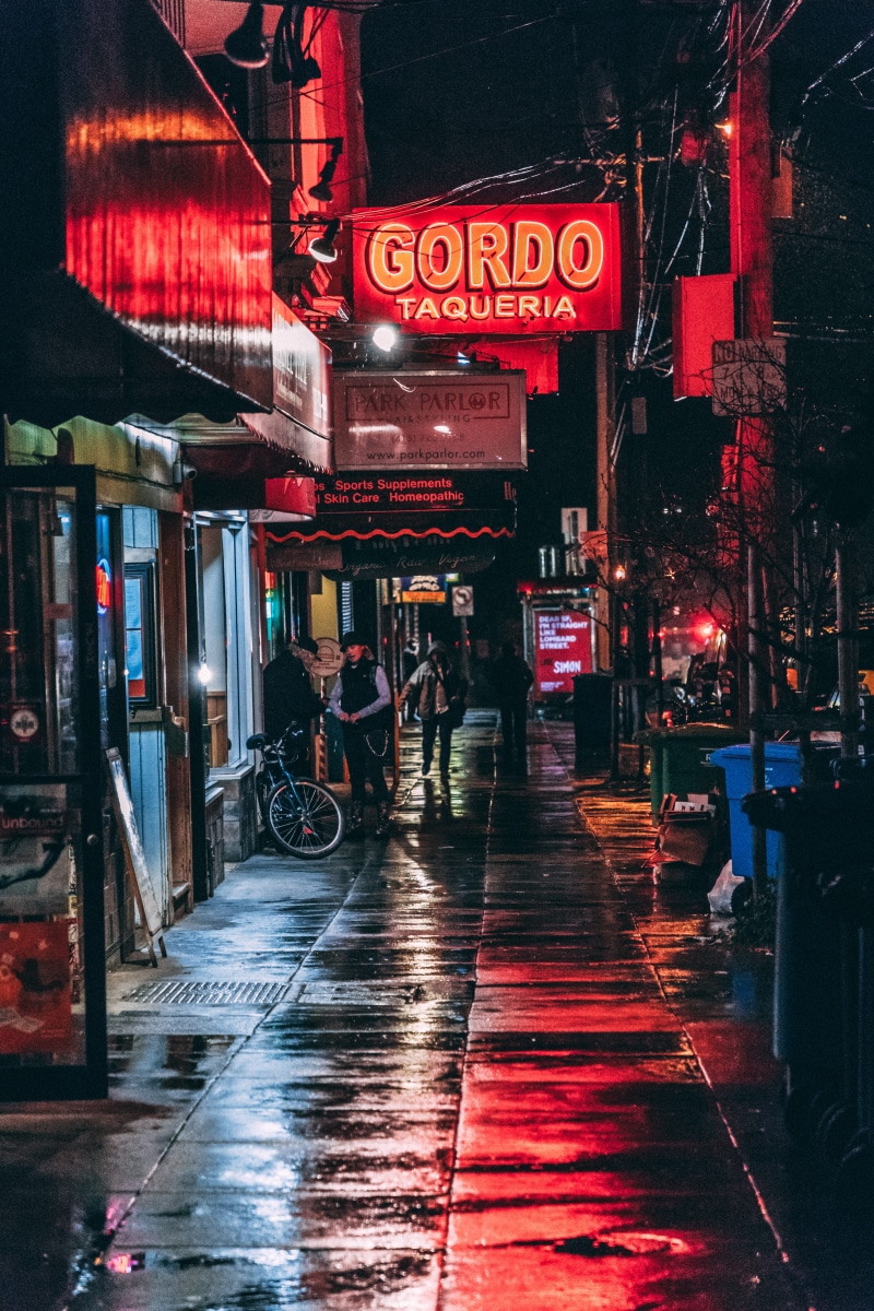 rainy night, rain, street, built structure, taqueria, glow, moody, beside, reflection, light, illuminated, building, sky, store, city, signage, wet, outdoors