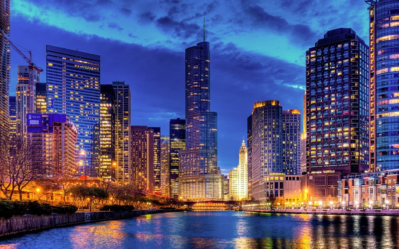 Lights, Night, Buildings, Skyscraper, Chicago, USA, Illinois, River, 1080P, City