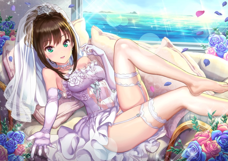 stockings, innocence, anime, lifestyles, portrait, young women, representation, front view, sitting, multi colored, young adult, females, girls, Shibuya Rin