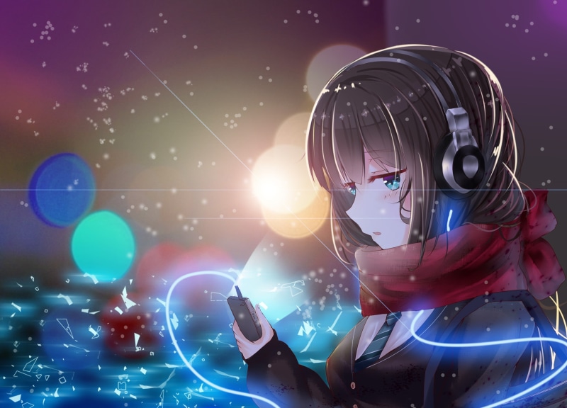 night, real people, geometric shape, 1080P, teenager, connection, Shibuya Rin, headphones, lighting equipment, headshot, anime girls, wireless technology