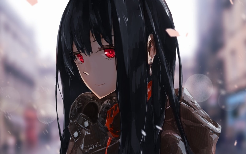 anime girls, black hair, THE iDOLM@STER: Cinderella Girls, manga, red eyes, 1080P, THE iDOLM@STER, Shibuya Rin, happy, anime, headphones