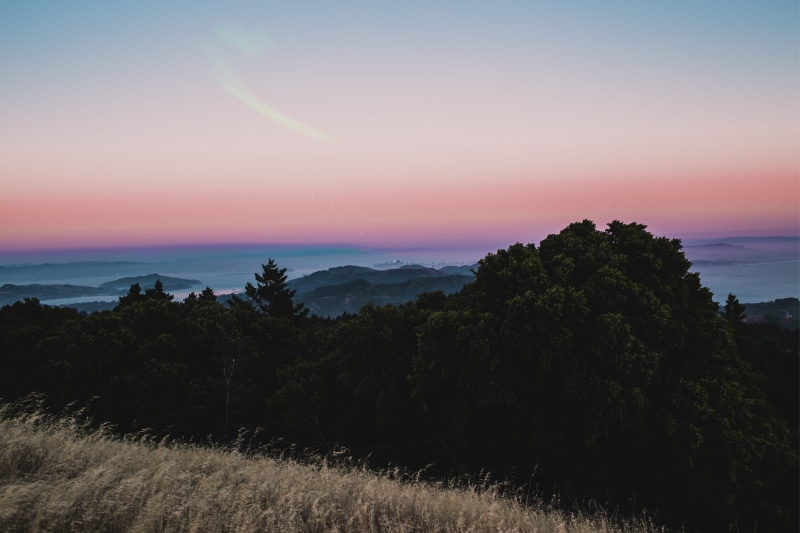 sunset, light - Natural Phenomenon, tree, sunlight, dawn, mountain, forest, backgrounds, horizon line, outdoors, calming, 2K, scenics, rural Scene, blue