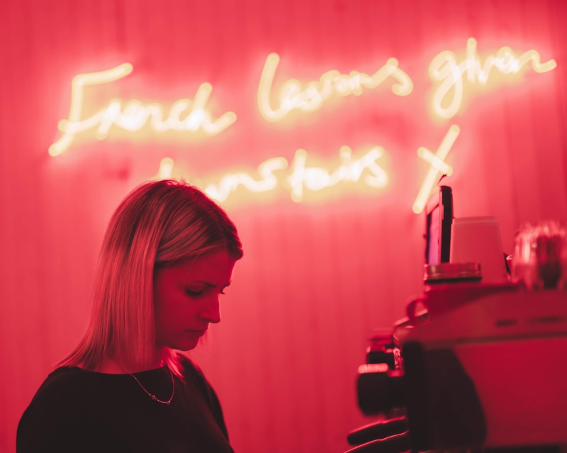 one Person, coffee shop, technology, happiness, black, red clouds, cheerful, light, coffeeshop, women, neck, neon lighing, lifestyles, nightlife, people