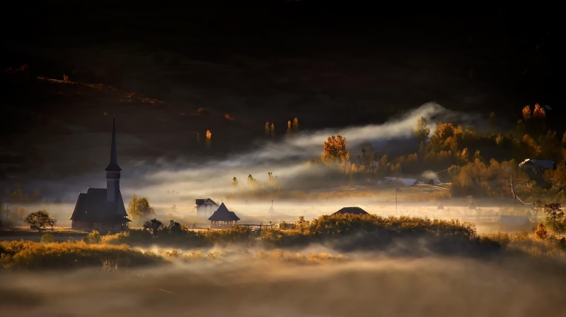 village, sky, morning, built structure, forest, building exterior, tranquil scene, building, no people, landscape, trees, Romania, environment, outdoors