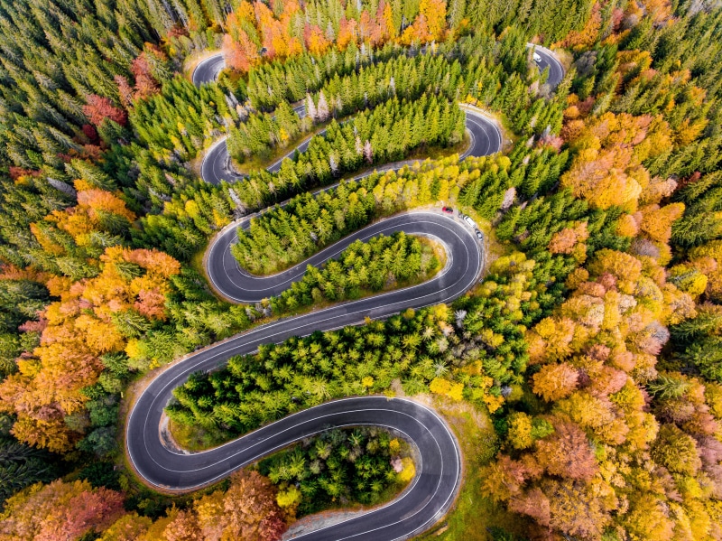 Winding road, Mountains, Autumn, Romania, Aerial view, 4K, Transylvania, 4K