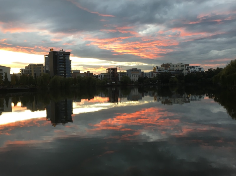 cityscape, building, romania, lake, water, dusk, sky, waterfront, residential district, built structure, cluj-napoca, office building exterior, iulius mall