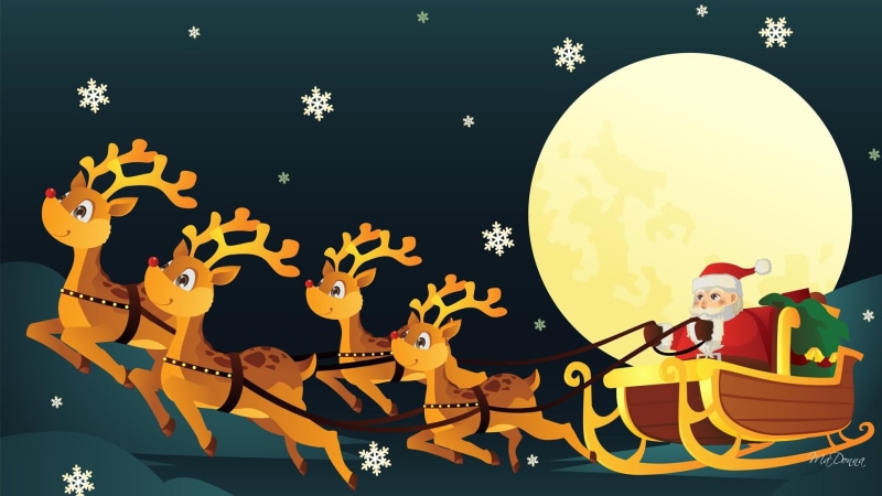 st nick, santa claus, away, 1080P, sleigh, snowflakes, reindeer, santa, riding, illustration, full moon, go, feli, christmas eve flight, christmas, sled