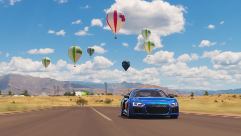 road, adventure, car, sky, cloud - sky, blue, hot air balloon, landscape, outdoors, video games, flying, 2K, air vehicle, no people, day, travel, 2K, mid-air