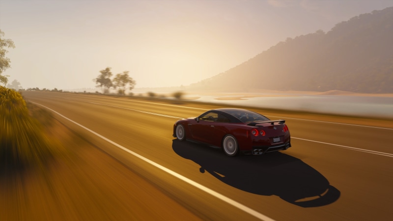 sky, transportation, no people, 2K, car, tree, road trip, motion, on the move, nature, land vehicle, 2K, plant, Nissan GTR, blurred motion, sunset, mode of transportation