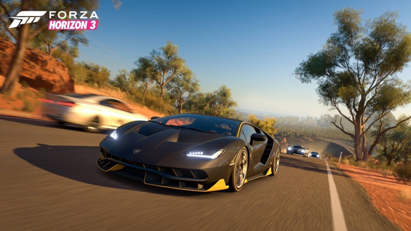 speed, car, sign, transportation, Forza, blurred motion, 1080P, racing, tree, crash helmet, helmet, motion, lamborghini, nature, on the move, travel, plant