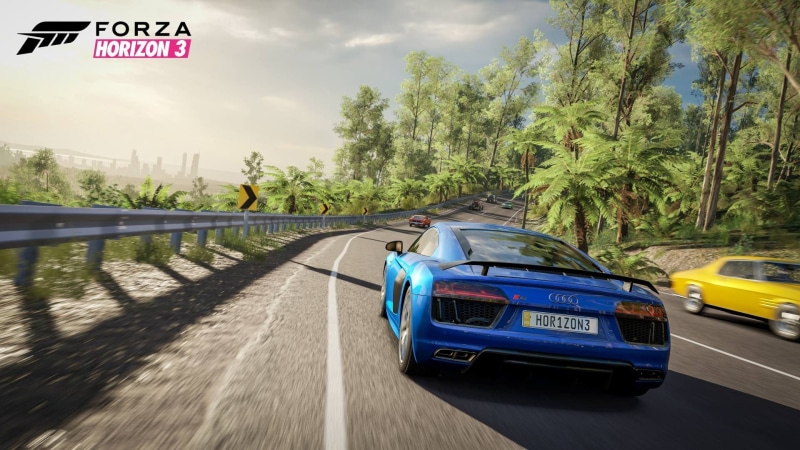 cloud - sky, 1080P, motor vehicle, city, forza horizon 3, no people, road, nature, racing, text, sunlight, transportation, plant, Forza, sky, sign, street