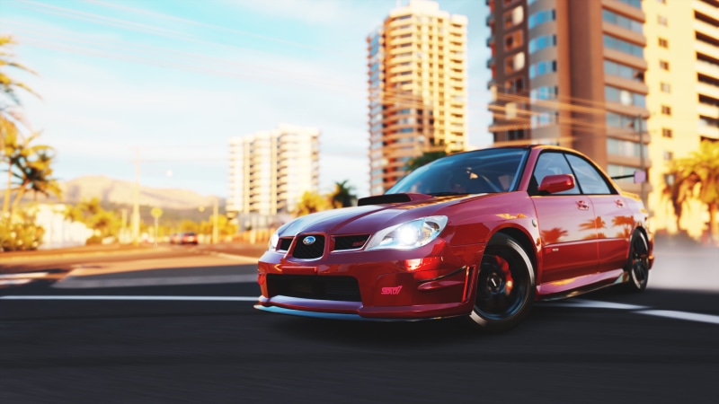 sunlight, Drifting, 2K, road, sky, architecture, city, transportation, outdoors, building exterior, video games, Forza Games, land vehicle, mode of transportation