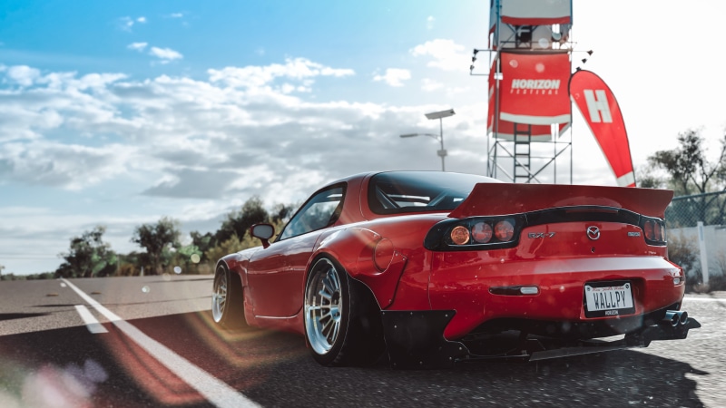 road, street, safety, 4k, games, mode of transportation, mazda rx7, cloud - sky, mazda, cars, nature, forza, red, pc games, xbox games, day, text, car