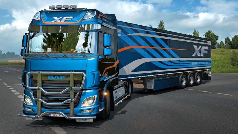 green, van, DAF XF Euro 6, blue, game, trees, simulator, visor, lights, 1080P, DAF, nature, asphalt, Euro Truck Simulator 2, clouds, Sunny, clear, the trailer