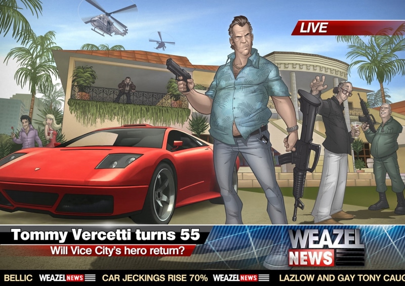 Grand Theft Auto, day, Art, real people, men, 1080P, Vice City, front view, GTA, casual clothing, group of people, Patrick Brown, people, western script
