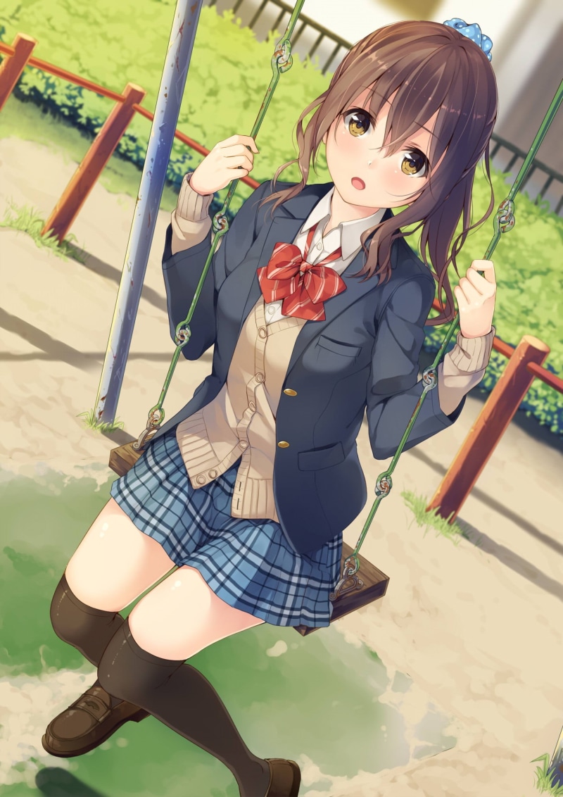 playground, swing, emotion, women, lifestyles, sweater, childhood, outdoors, anime, holding, day, young adult, full length, brunette, stockings, hairstyle