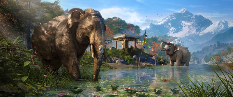 Tibet, Adventure games, open world, shooter, Himalayas, 5K, Far Cry 4, screenshot, lake, game, Kyrat, elephant