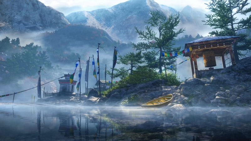 screenshot, shooter, Far Cry 4, 4K, brown, mountain, open world, rock, Tibet, daytime, Kyrat, lake, Himalayas, Adventure games, game, near, boat