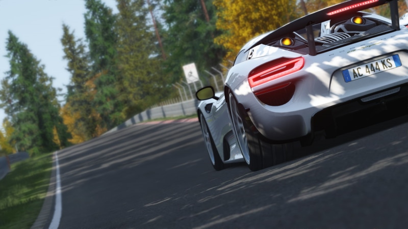 travel, street, motor vehicle, outdoors, silver colored, car, city, wheel, focus on foreground, transportation, 1080P, motion, Assetto Corsa, tree, land vehicle