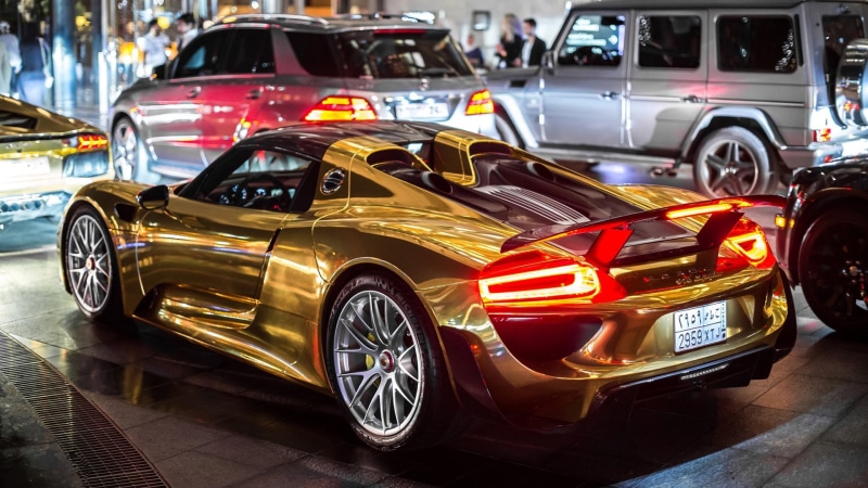 golden, auto show, porsche 918 spyder, gold, supercar, performance car, 1080P, porsche 918, gold car, porsche, golden car, luxury vehicle