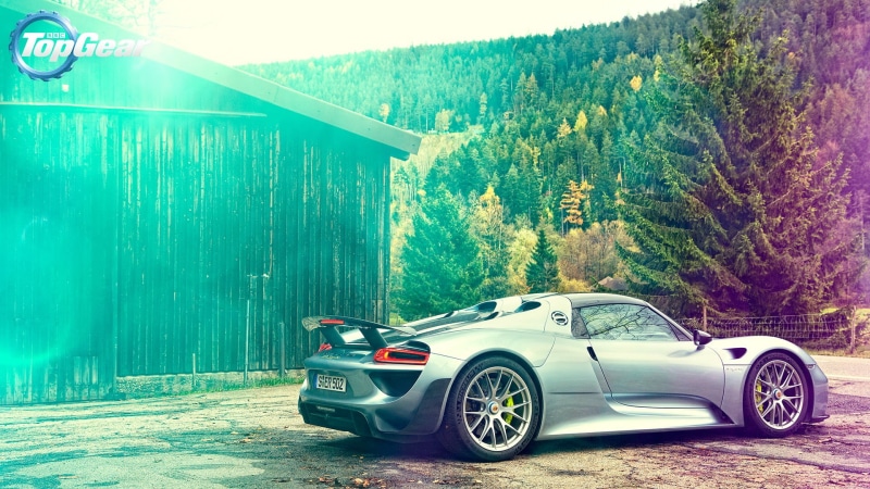 built structure, transportation, forest, motor vehicle, land vehicle, tree, parking, mode of transportation, Top Gear, supercars, green color, outdoors