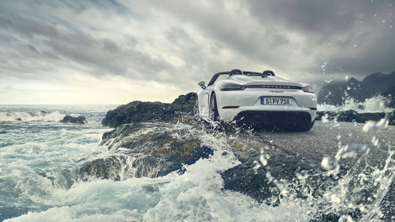 rocks, car, Sea Shore, Spyder, supercars, 2K, Porsche, Porsche 718, sports car