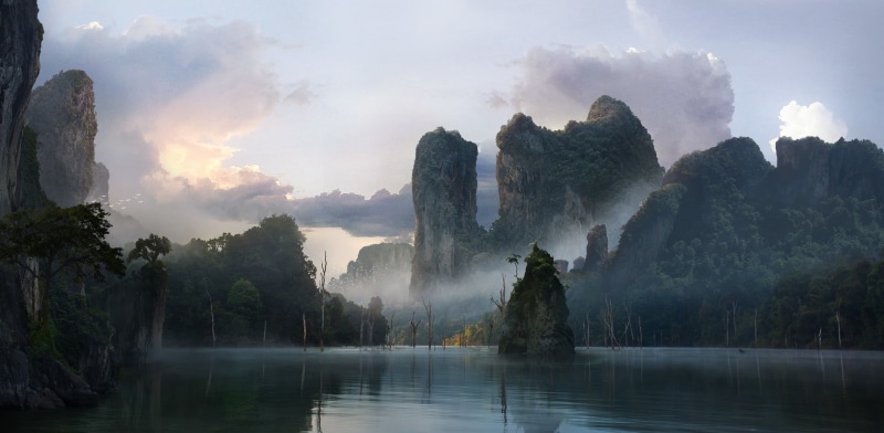 scenics - nature, plant, digital art, landscape, Photorealistic, outdoors, fog, tree, solid, nature, water, travel destinations, tranquility, beauty in nature