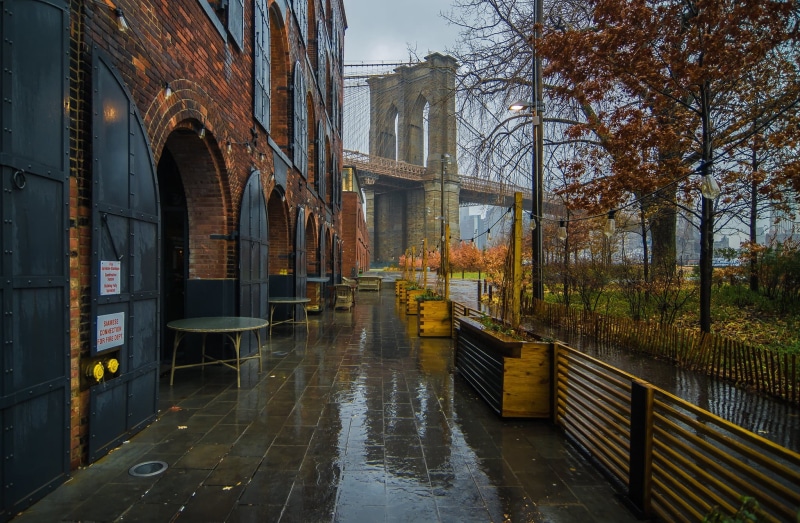 cafe, autumn, Brooklyn Bridge, New York City, New York, rain, bridge, tree, Brooklyn Bridge Park, 1080P