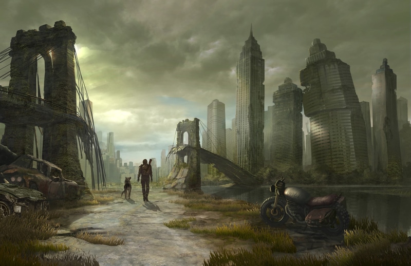 science fiction, New York City, dog, Fallout, skyscraper, cityscape, apocalyptic, ruin, vehicle, Brooklyn Bridge, artwork, 1080P, futuristic